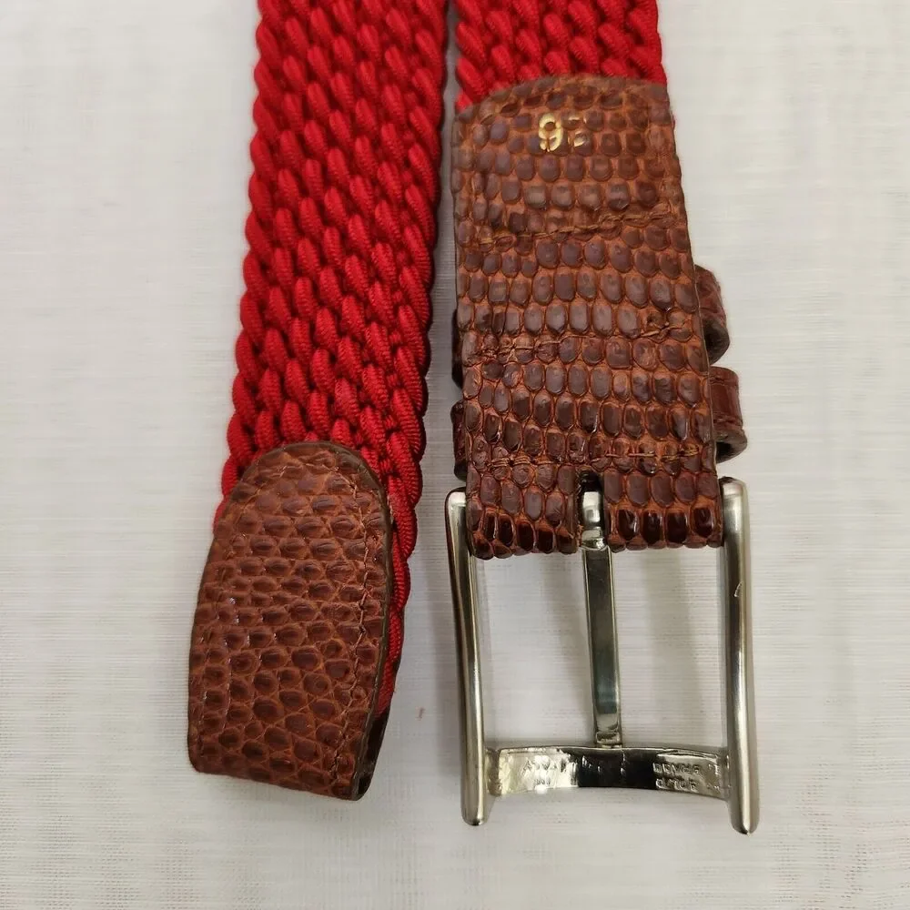 Belt Mens 36 Red Braided Stretch Leather Snake Tab Solid Silver Brass Buckle